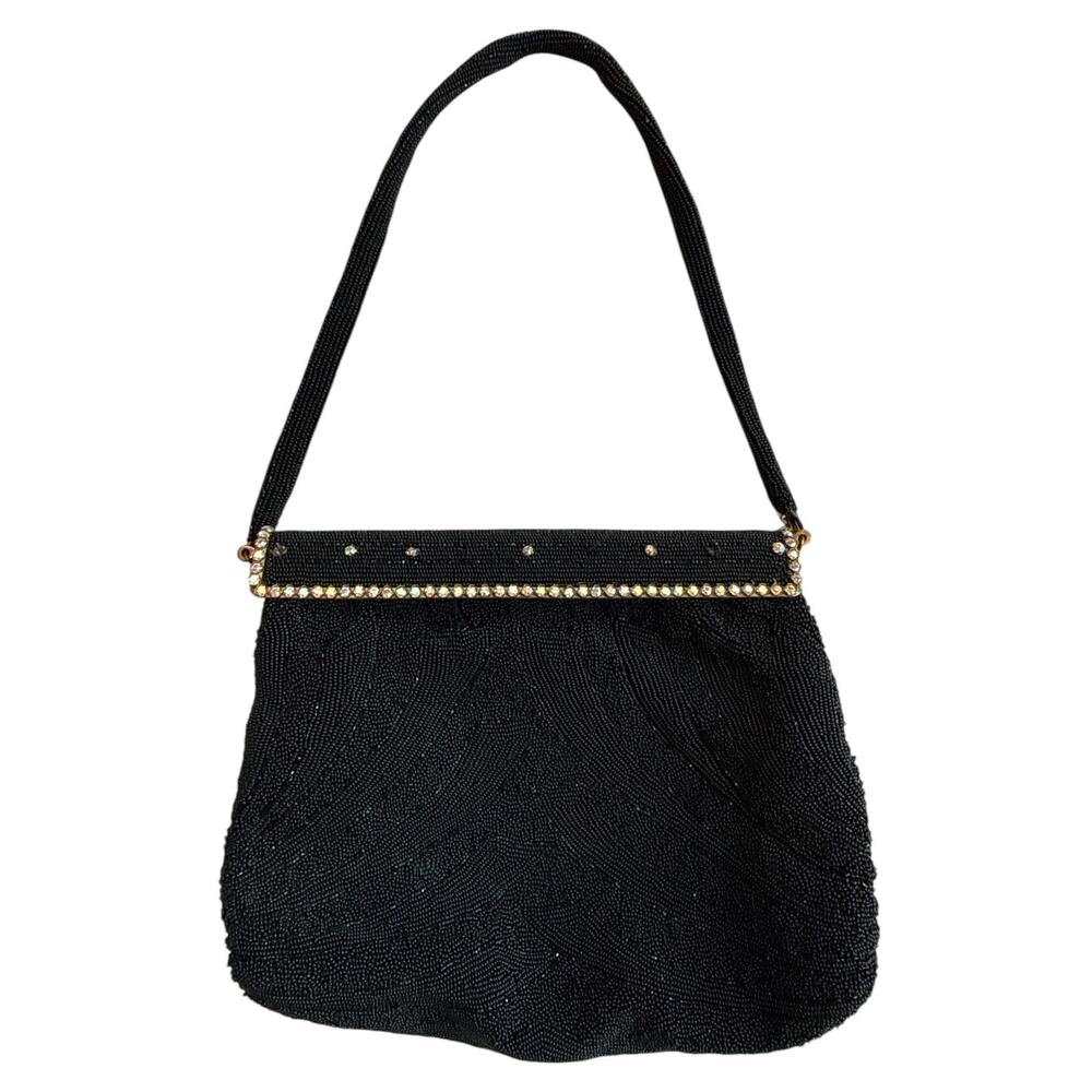 VNTG 1950s, Black Beaded & Metal Frame W. Rhinestones Cocktail Handbag